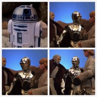 Artoo beeps a sigh of relief that his counterpart is alright. LUKE: "Can you stand? We've got to get out of here before the Sandpeople return." THREEPIO: "I don't think I can make it. You go on, Master Luke. There's no sense in you risking yourself on my account. I'm done for." LUKE: "No, you're not. What kind of talk is that? BEN: "Quickly, son...they're on the move." Luke and Ben help the battered robot to his feet. #starwars #anhwt #starwarstoycrew #jbscrew #blackdeathcrew #starwarstoypix #starwarstoyfigs #toyshelf